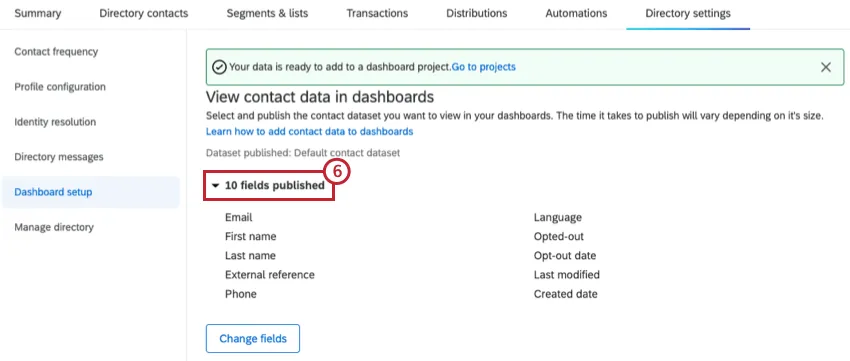 viewing published fields within contact dataset