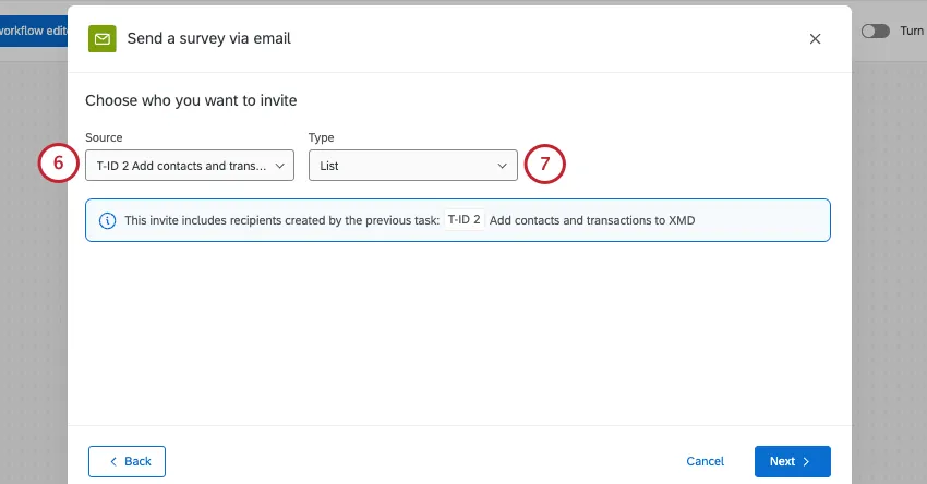 in dem neuen Fenster, in dem Sie die E-Mail-aufgabe konfigurieren, wählen Sie aus, wen Sie einladen möchten, und da die frühere Automatisierung des Kontakt-Imports gewählt wurde, können Sie nun festlegen, dass die Liste an diese neue Liste geliefert wird