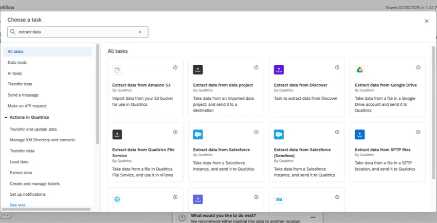 new window with many extraction tasks to choose from