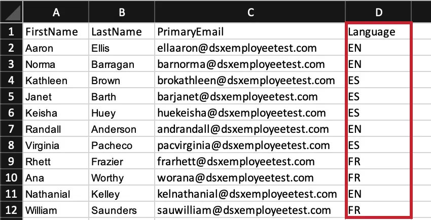 Spreadsheet with a Language column populated with Language codes