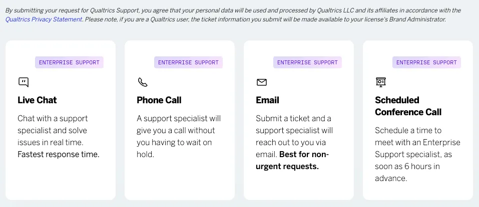 Support channels at the bottom of the form