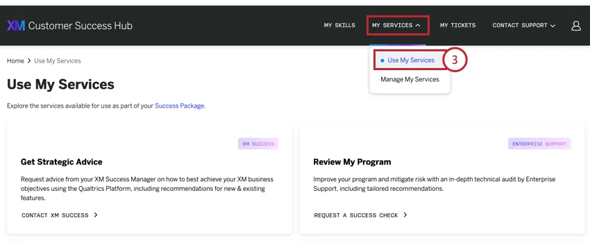 en sélectionnant "Utiliser mes services" dans le menu déroulant "Mes services"