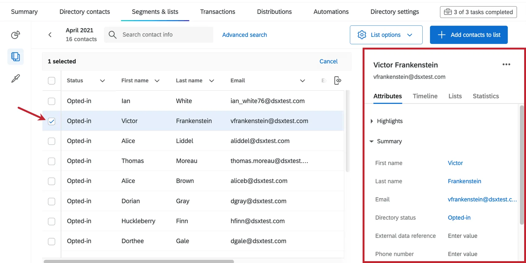 Image of how, When you select a contact, a menu opens to the right containing information about them