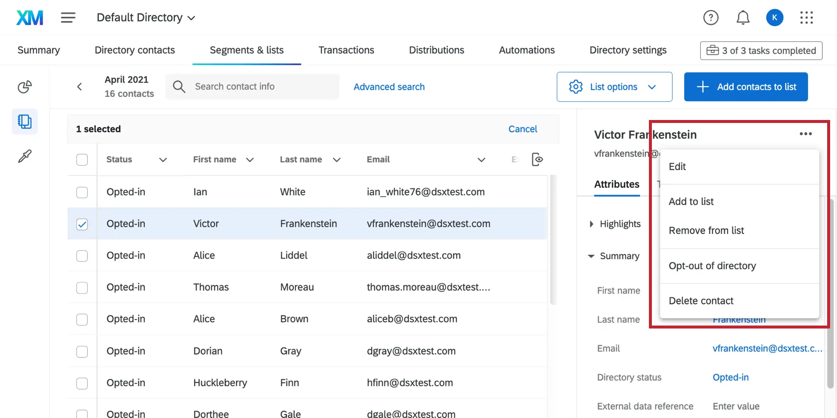 Image of one contact selected, the dropdown on the right expanded