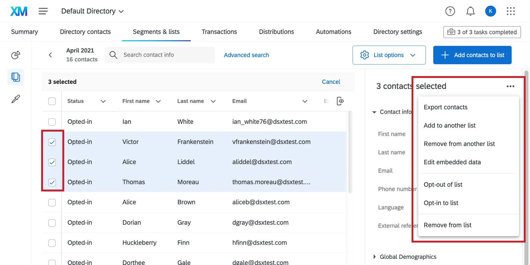 Image of multiple contacts selected, the dropdown on the right expanded