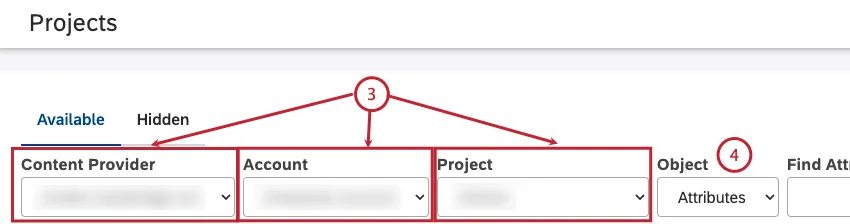 Selezionare il fornitore di contenuti, laccount e il progetto. Scegliere se contrassegnare un attributo o un modello come geografico.