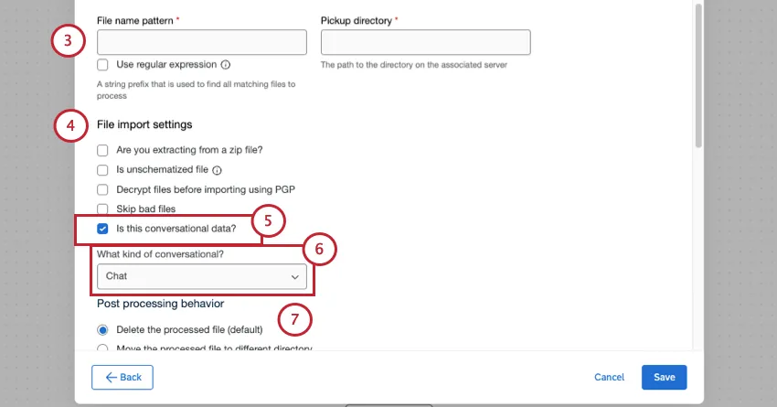 Configuración de una tarea de extracción de archivos SFTP . Se destaca especialmente la configuración de datos conversacionales.