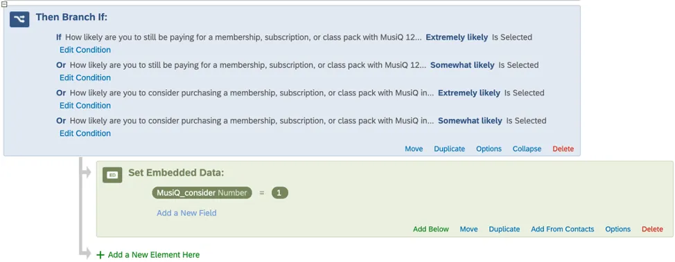 Las condiciones largas en una rama destinadas a capturar ambas versiones de los cuadros superiores de las preguntas de escala conducen a que los datos embebidos sean iguales a 1