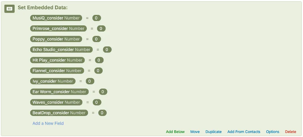 Embedded data element has a list of fields such as Musiq_consider = 0, Primrose_consider = 0; essentially every brand, underscore, consider, set equal to 0