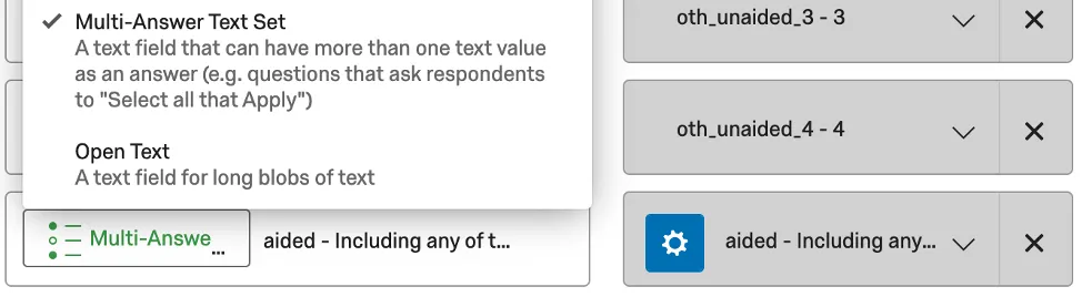 In data mapper, field type is set to multi answer text set for the aided field