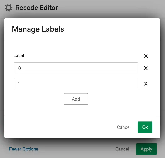 Recode editor window with 0 and 1 entered