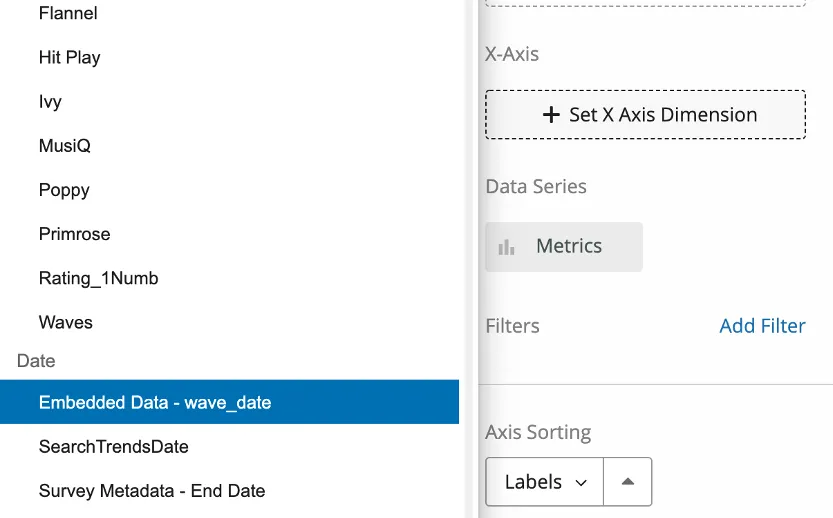 Clicking set X Axis dimension opens a menu to the left. We have highlighted the embedded data field for wave date