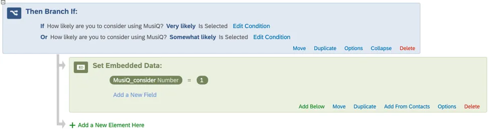 Blue branch in survey flow, indented under it is a green embedded data field