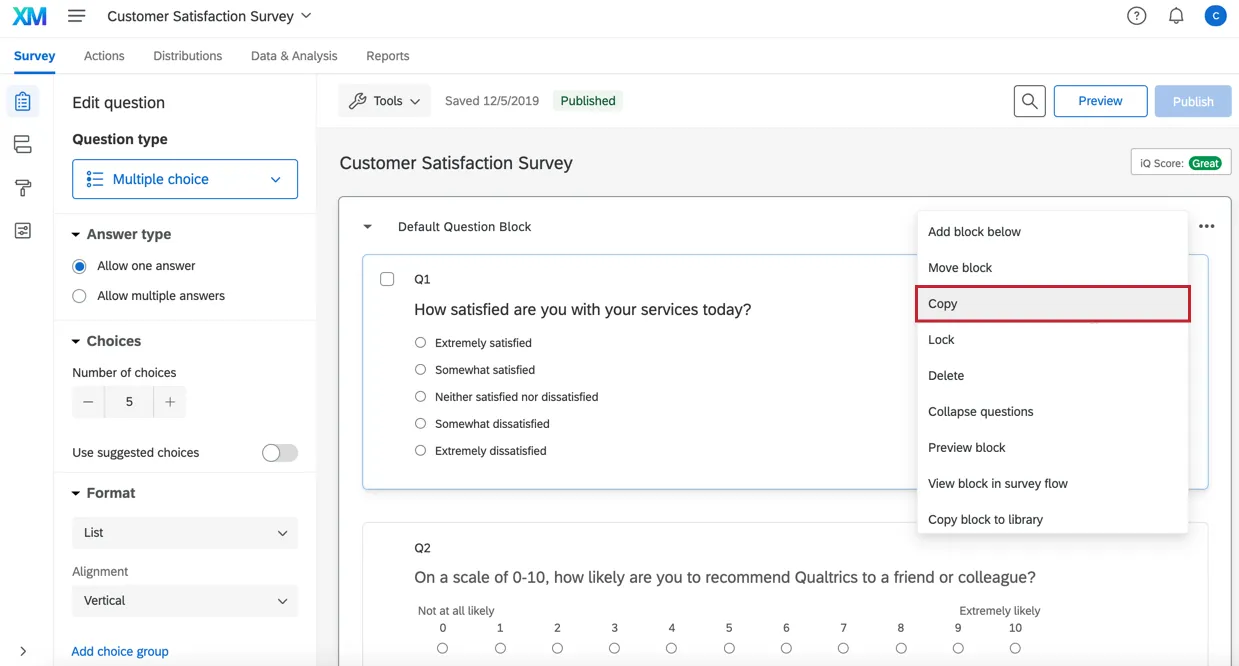 ブロックの右上にあるブロックオプションメニューをクリックし、コピーを選択します。