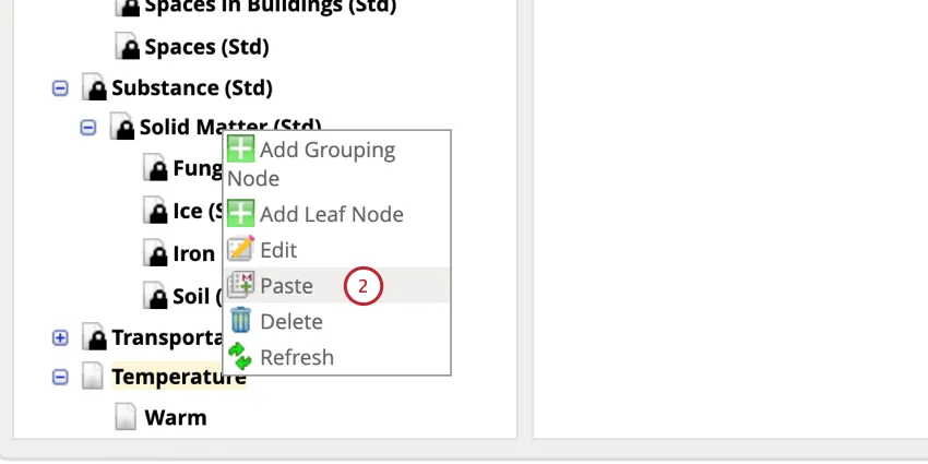right clicking a grouping node and clicking Paste