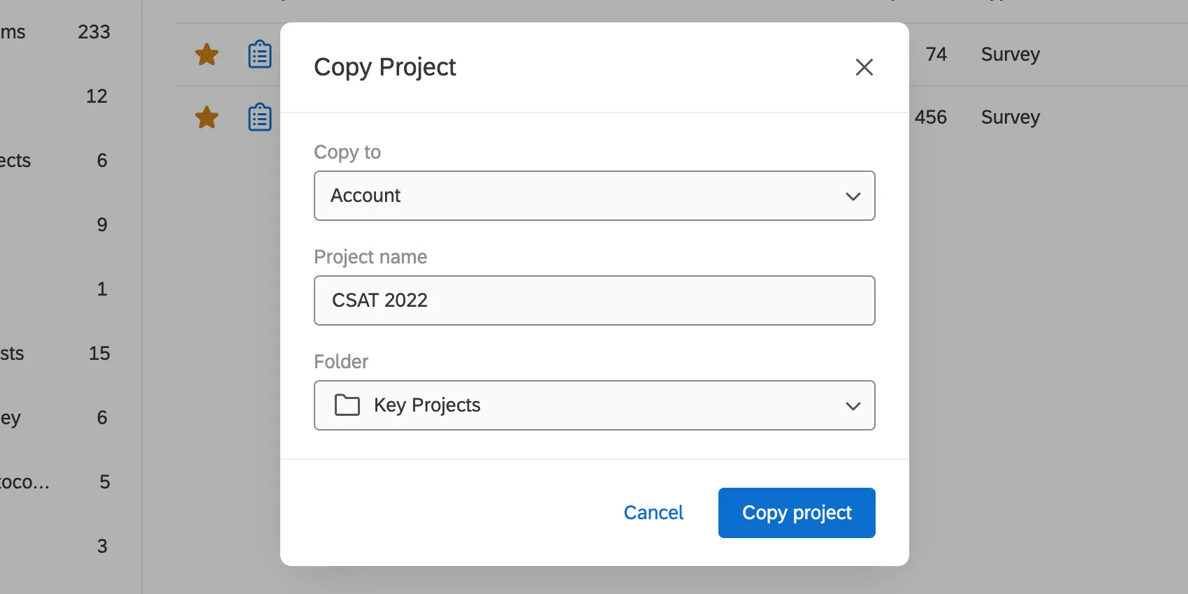 Copy modal when "account" is selected