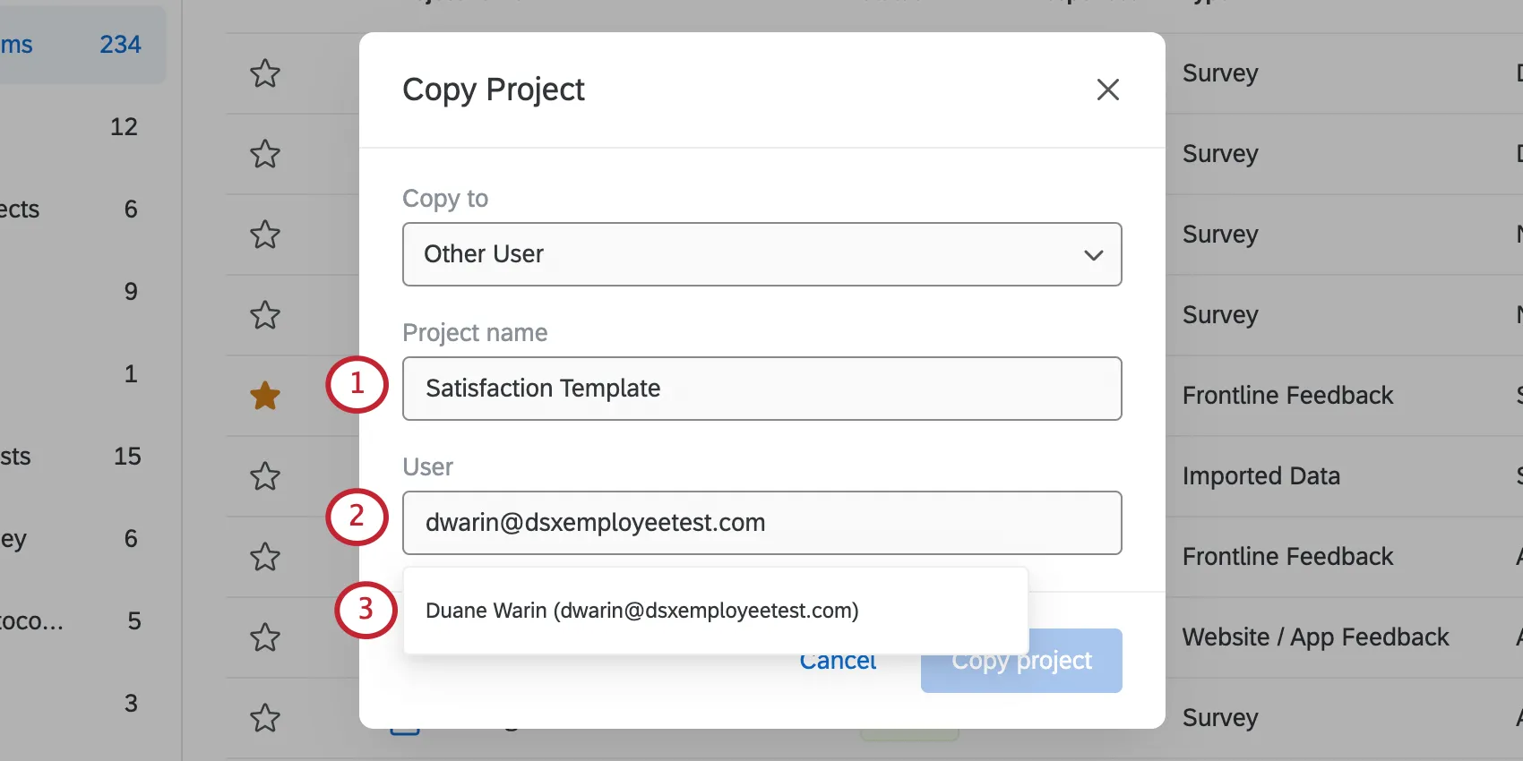 Copying to a user, field for searching users