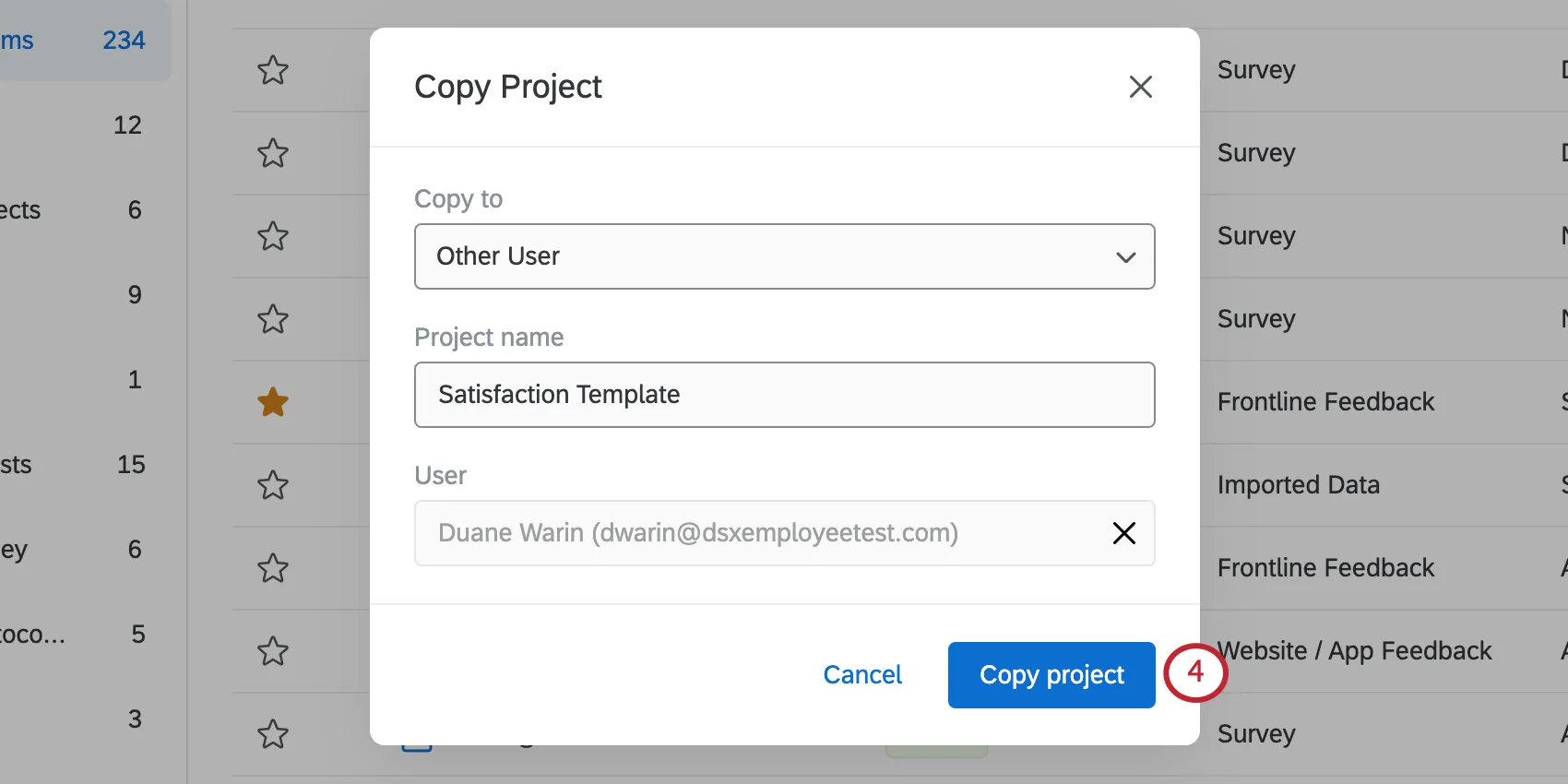 Copy project button in the bottom-right of the modal