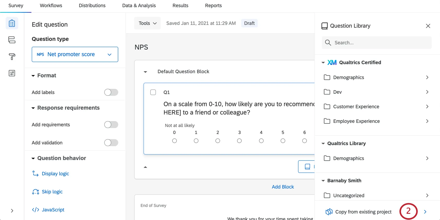 Survey library menu open to the right, "copy from an existing project" is the very last option