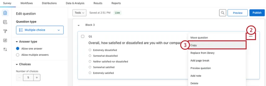 ドットが展開され、コピーが選択されている