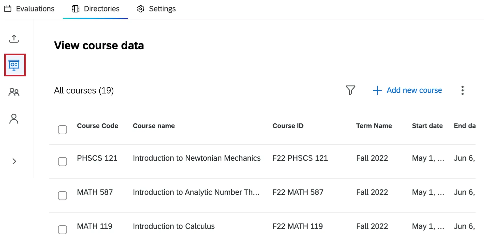 courses icon highlighted within the directories tab
