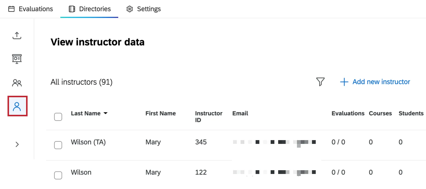 instructors icon highlighted within the directories tab