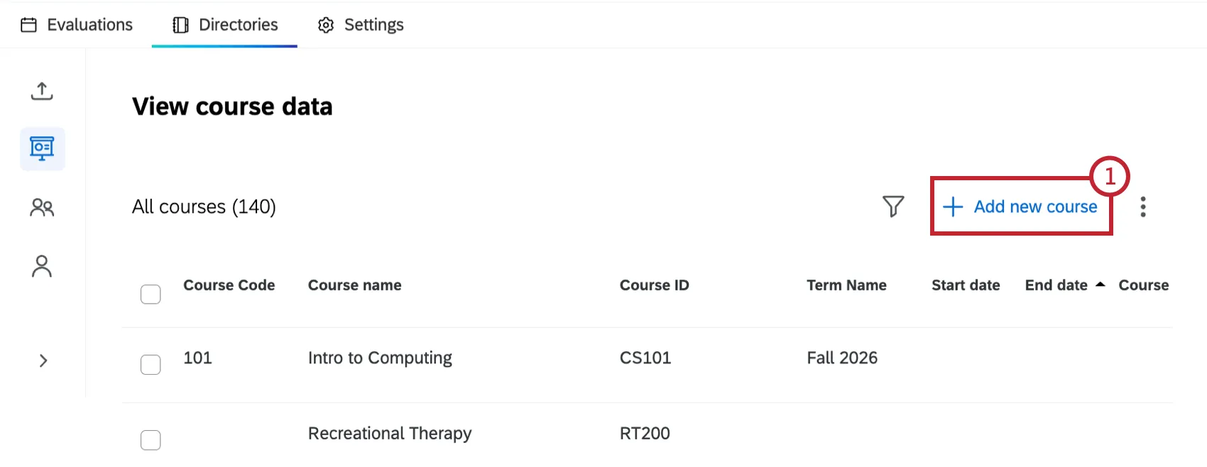 "add new course" button highlighted within the courses section of the directories tab