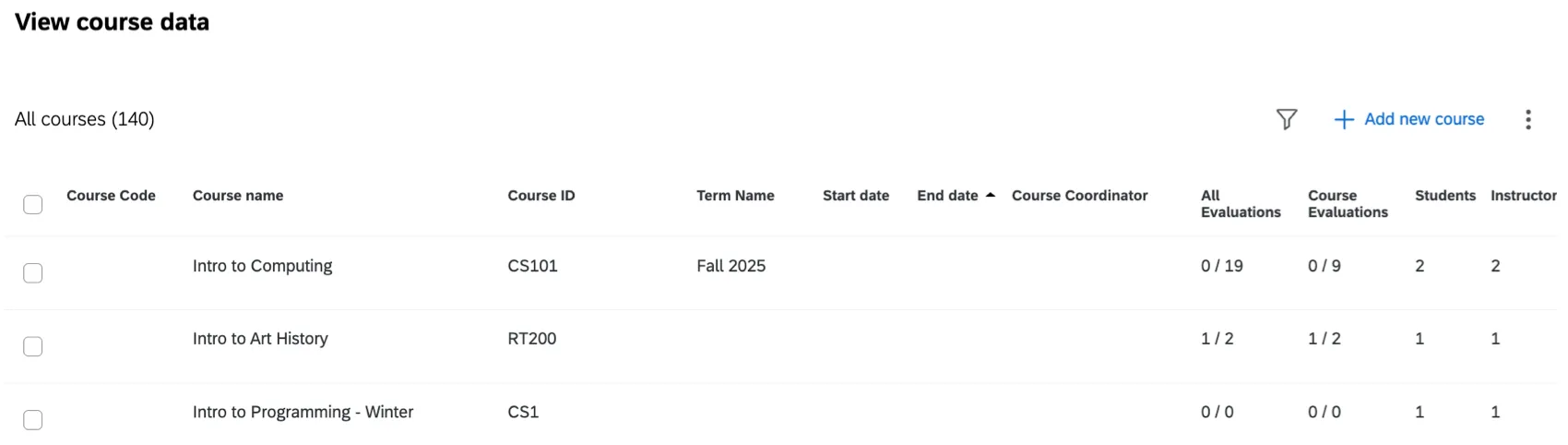 table to view information about uploaded courses