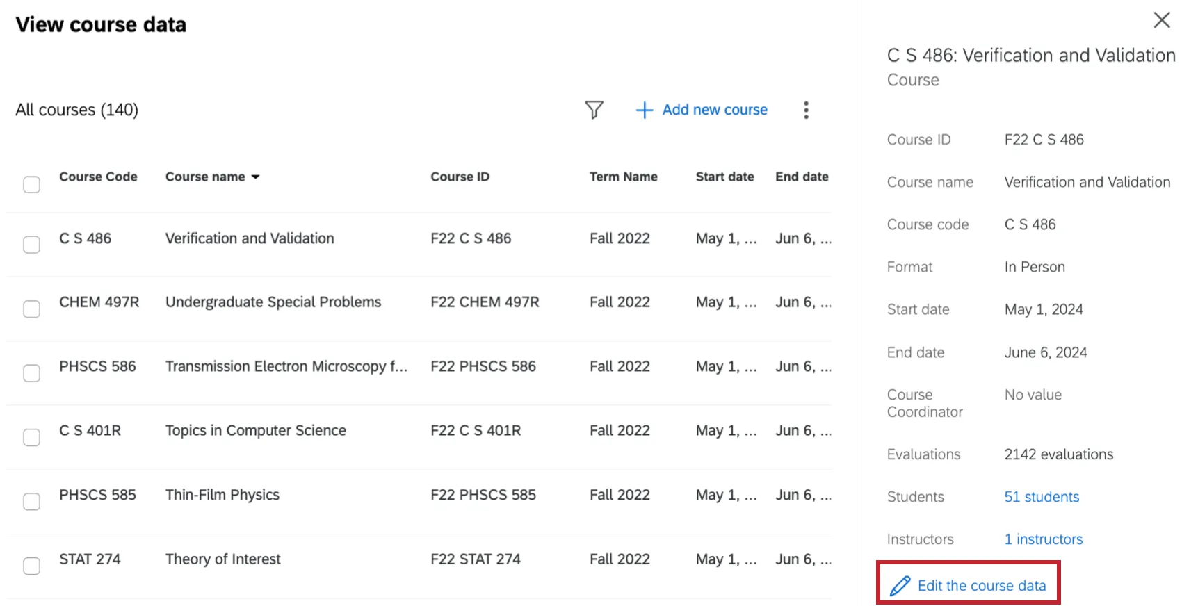 "edit the course data" button highlighted within the course information window to the right of the course table