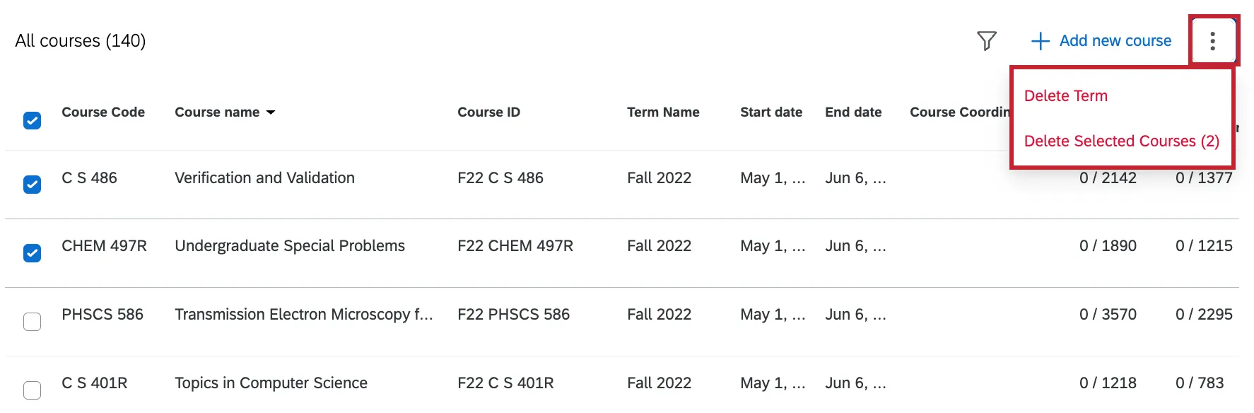 3 dot menu highlighted within the course tab, and buttons to delete courses highlighted