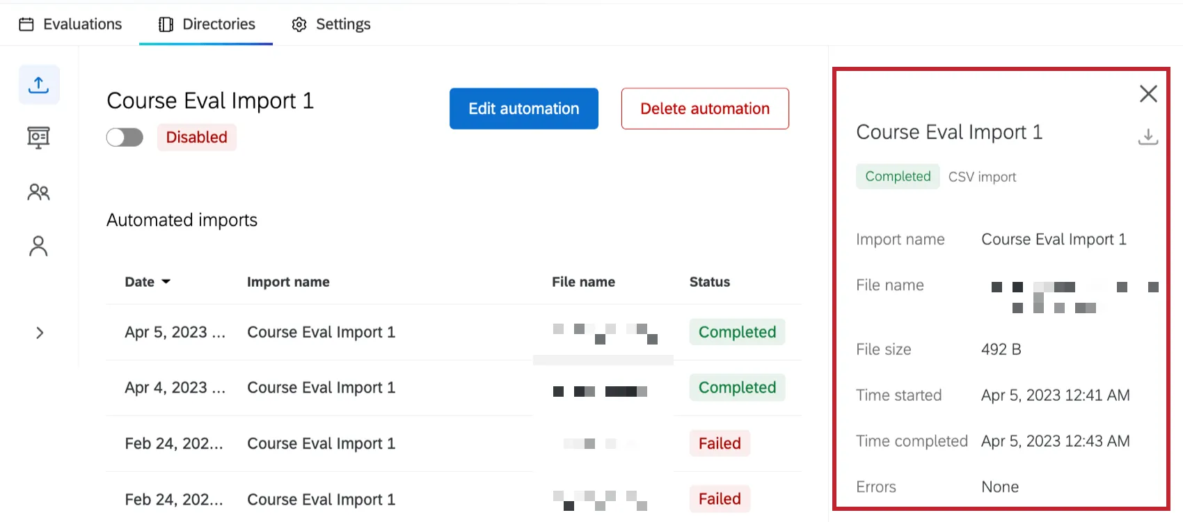 highlight around more information about an automation run in a window to the right of the automation history