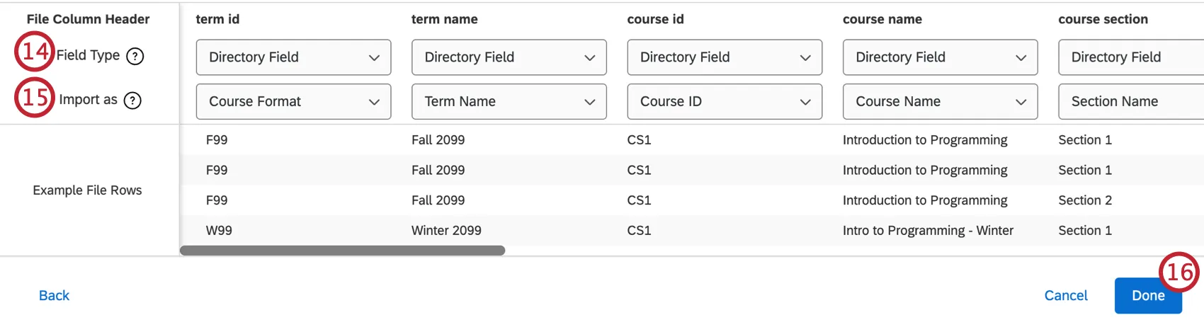 table with csv information so you can map the expected fields for your file into course evaluations