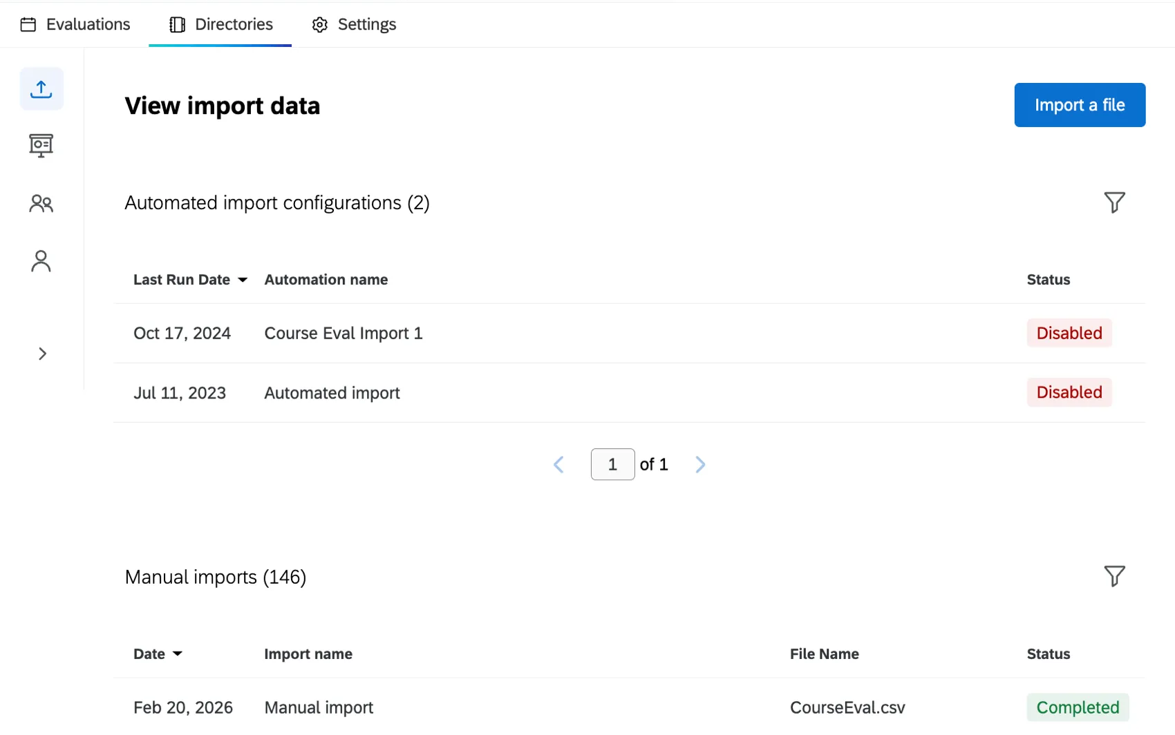 table within the import section of the directories tab to view past imports