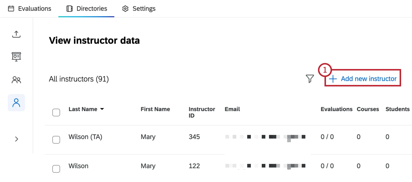 "add new instructor" button highlighted within the instructor section of the directories tab