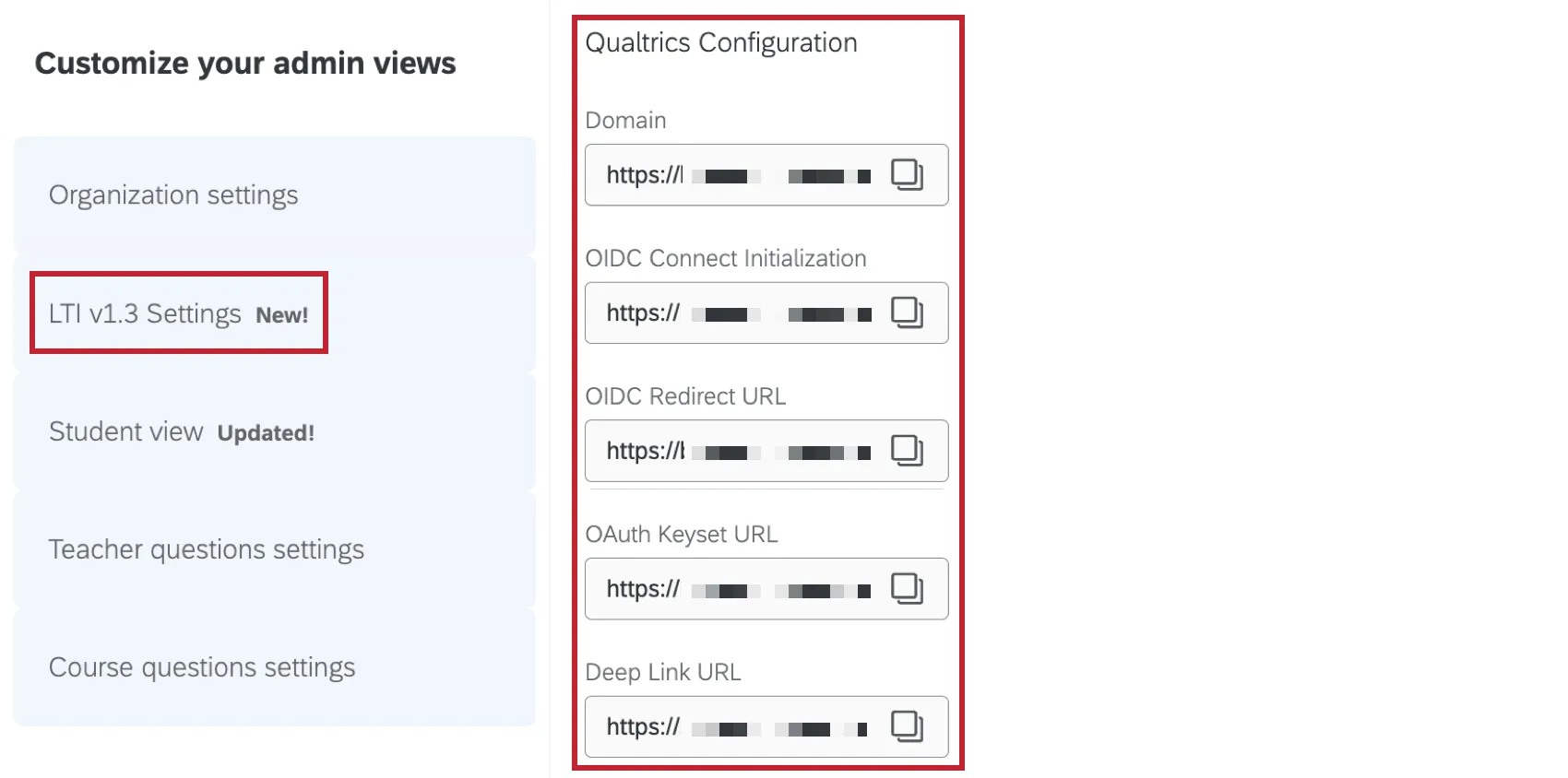 qualtrics configuration highlighted within the LTI 1.3 section of settings