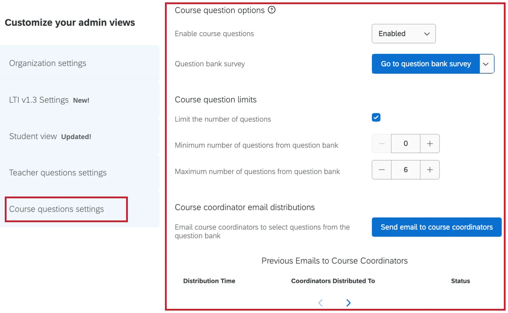 course questions options of settings highlighted