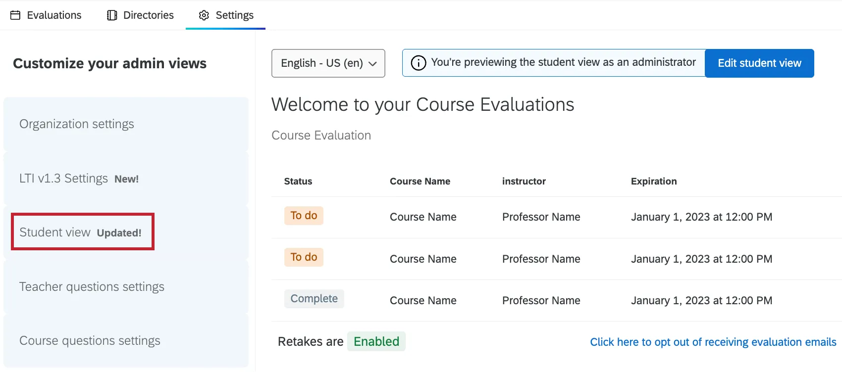 student view section highlighted within settings