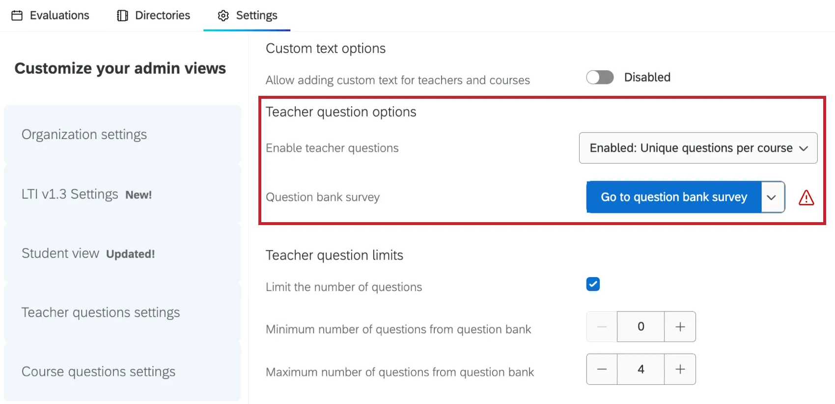 teacher question options highlighted within settings tab