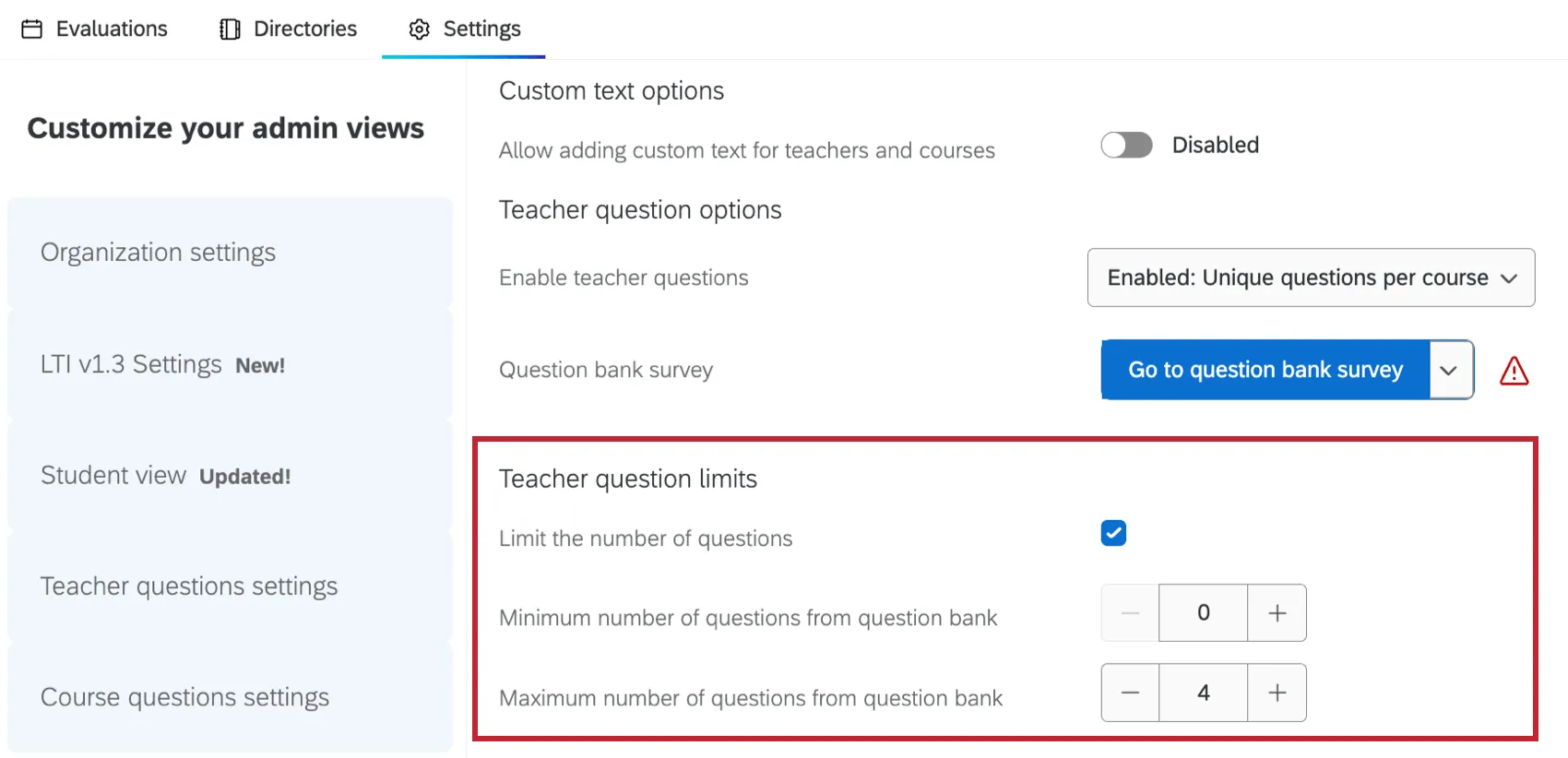 teacher question options highlighted within settings tab