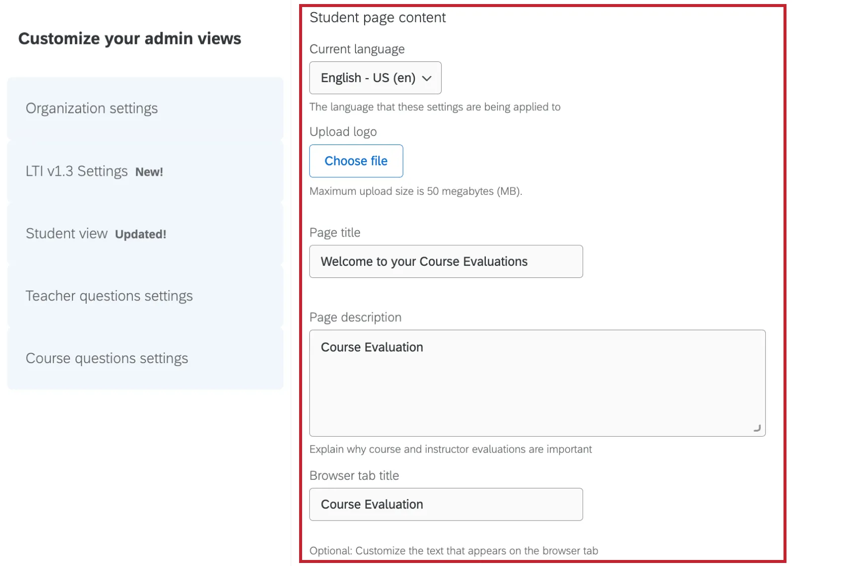 student page content section of settings highlighted