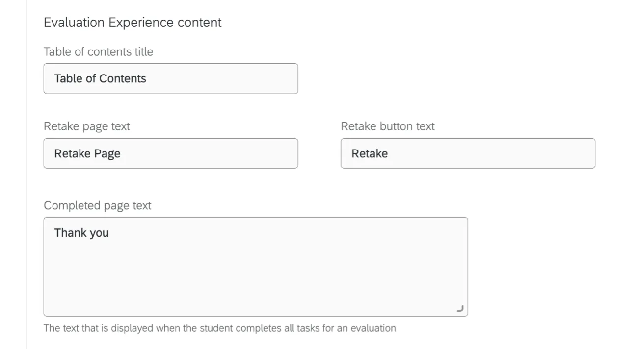 form fields to enter evaluation experience content field names