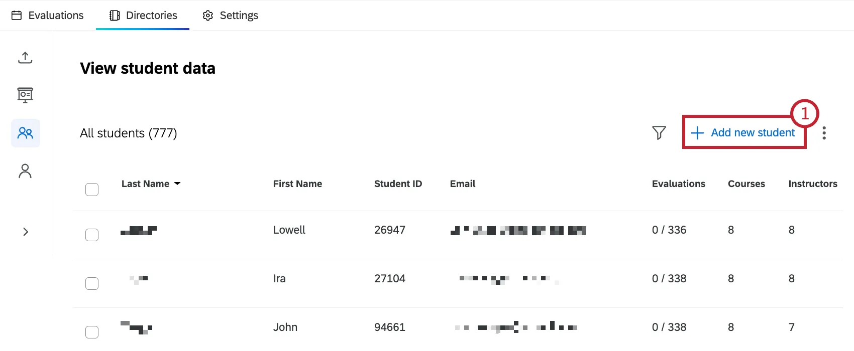 "add new student" button within the students section of the directories tab