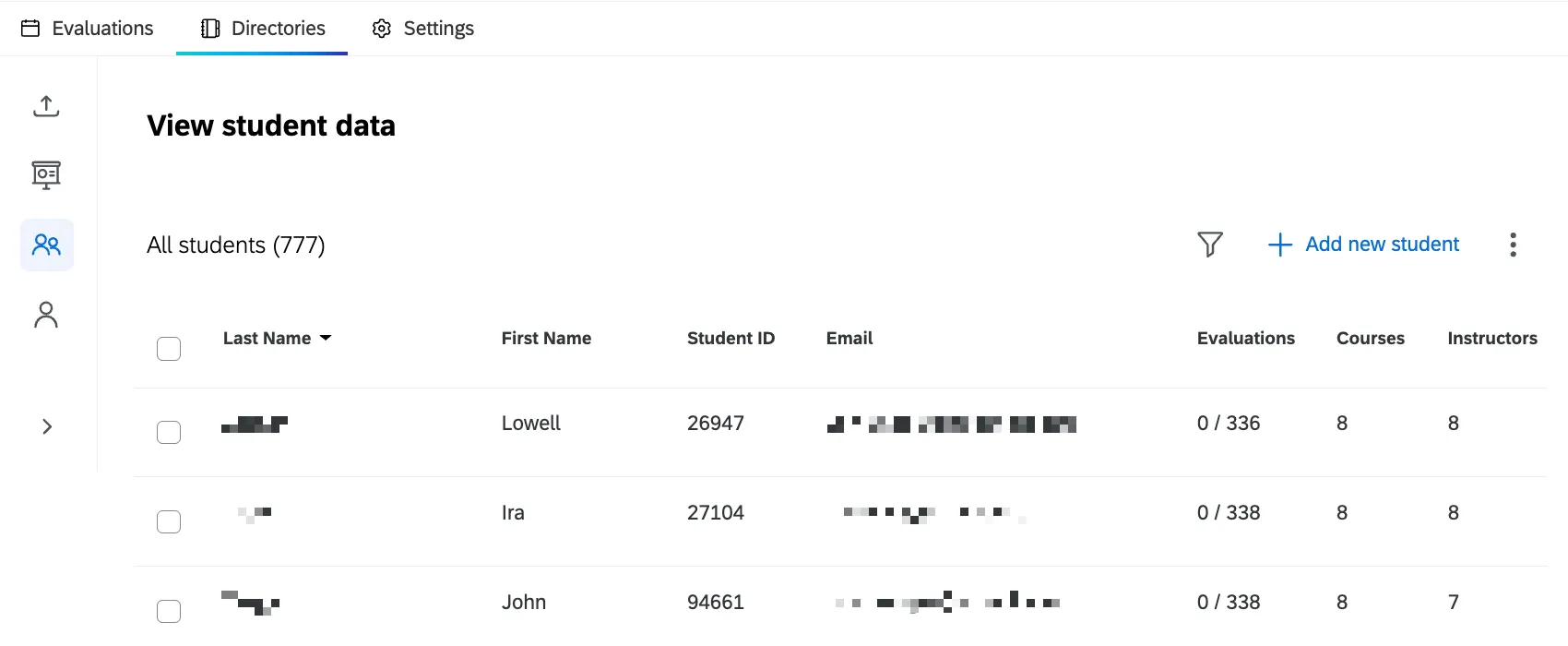 student data table within the student tab