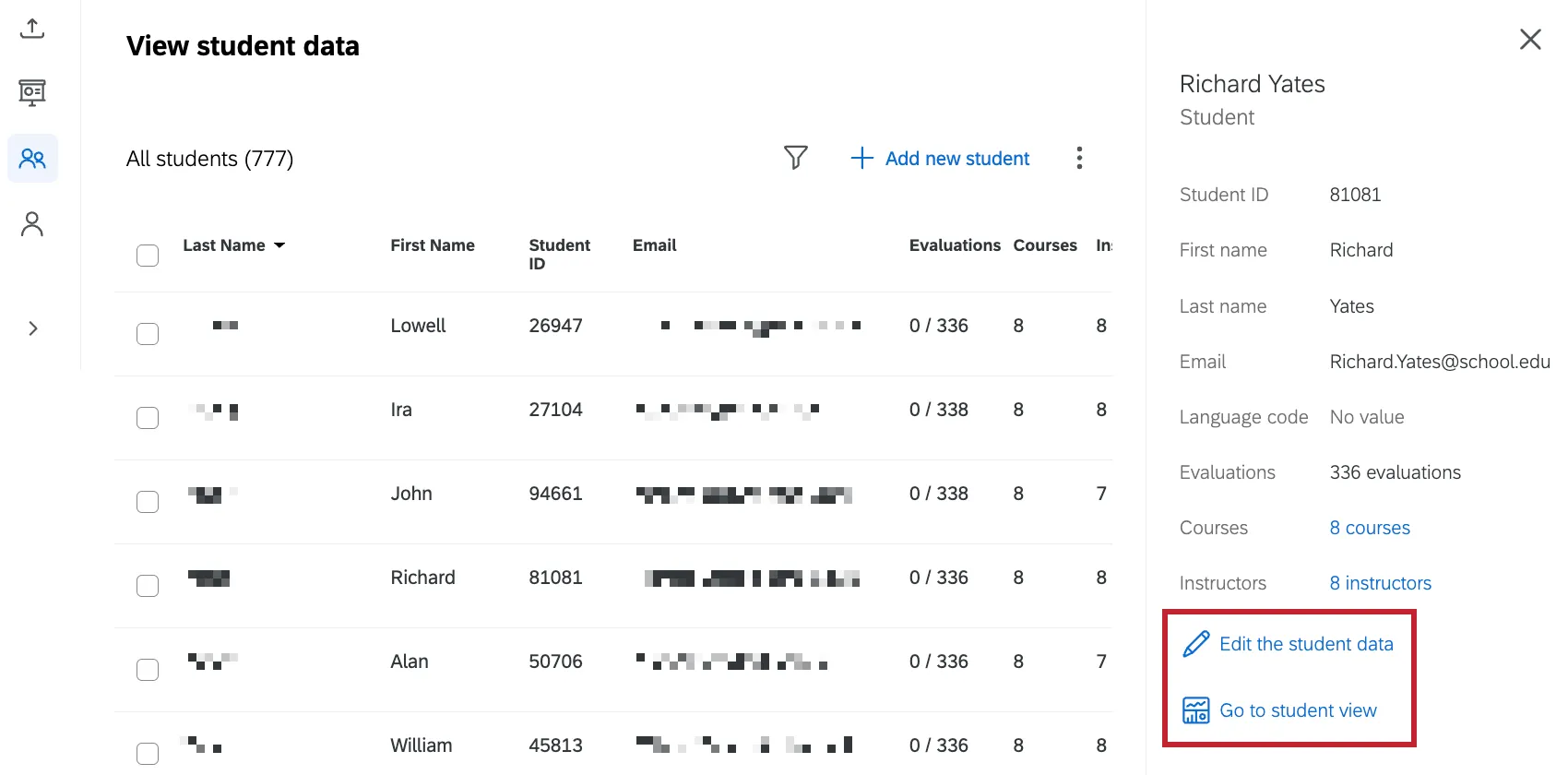 buttons highlighted to edit a student or go to the student view highlighted within the student information window at the right of the student table