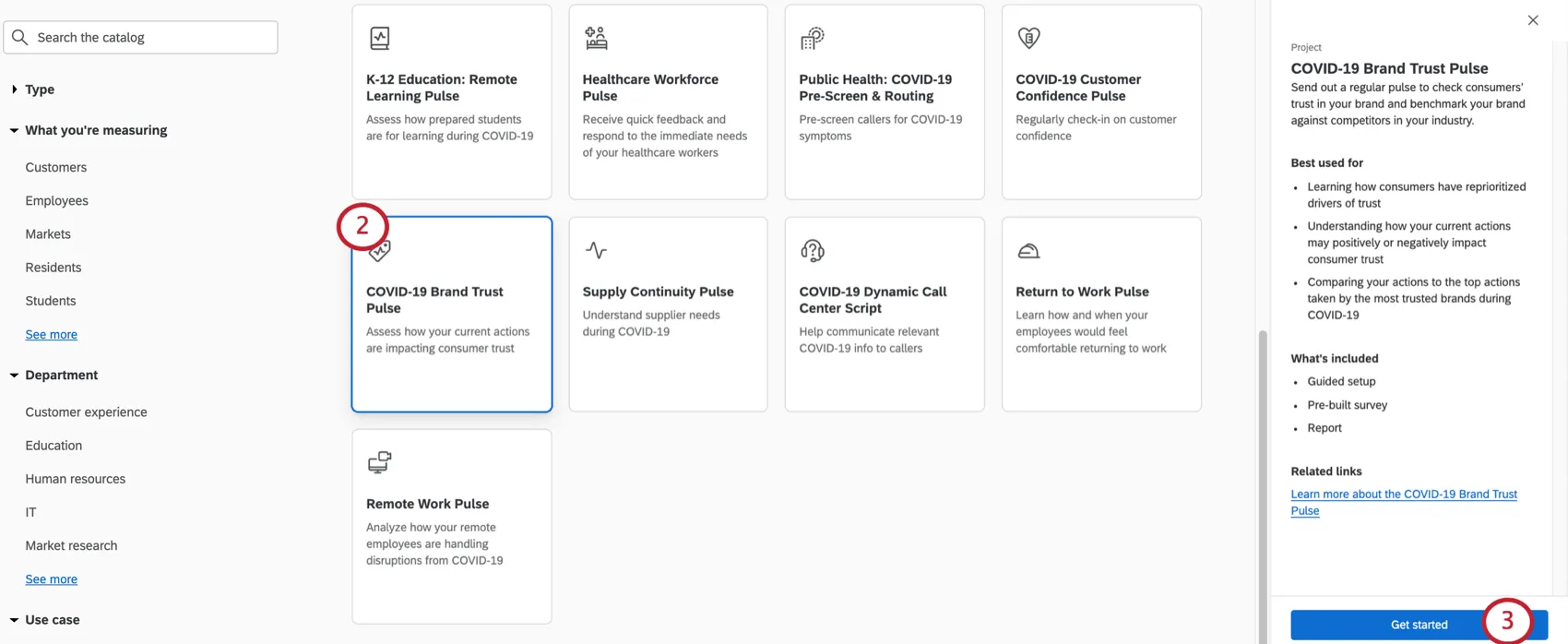 Image of catalog, selecting the described project, seeing a sidebar open on the right describing it, ending with a button to get started creating it