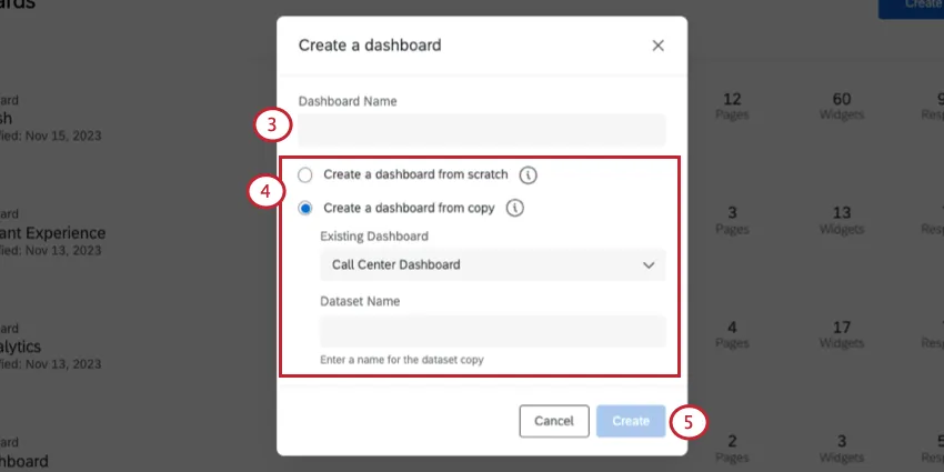 Create dashboard window opens. Field for naming, followed by the described options