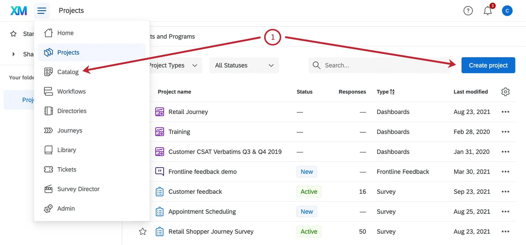 Bouton Créer un projet dans la page Projets, catalogue du menu hamburger de navigation