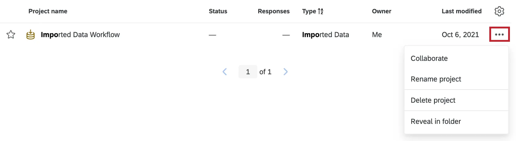 na página do projeto, clicando no menu suspenso de ações do projeto para um projeto de dados importados