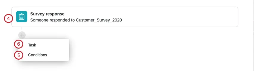 choosing the survey event, adding conditions, and choosing the task