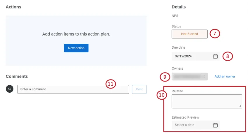 Fields you fill out to create an action plan